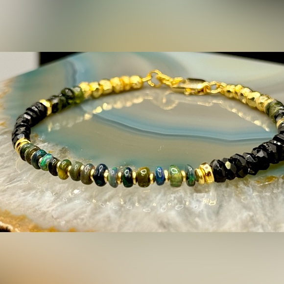Black Welo Opal, Tourmaline,Pyrite 18kt Gold Vermeil Bracelet - Picture 5 of 8